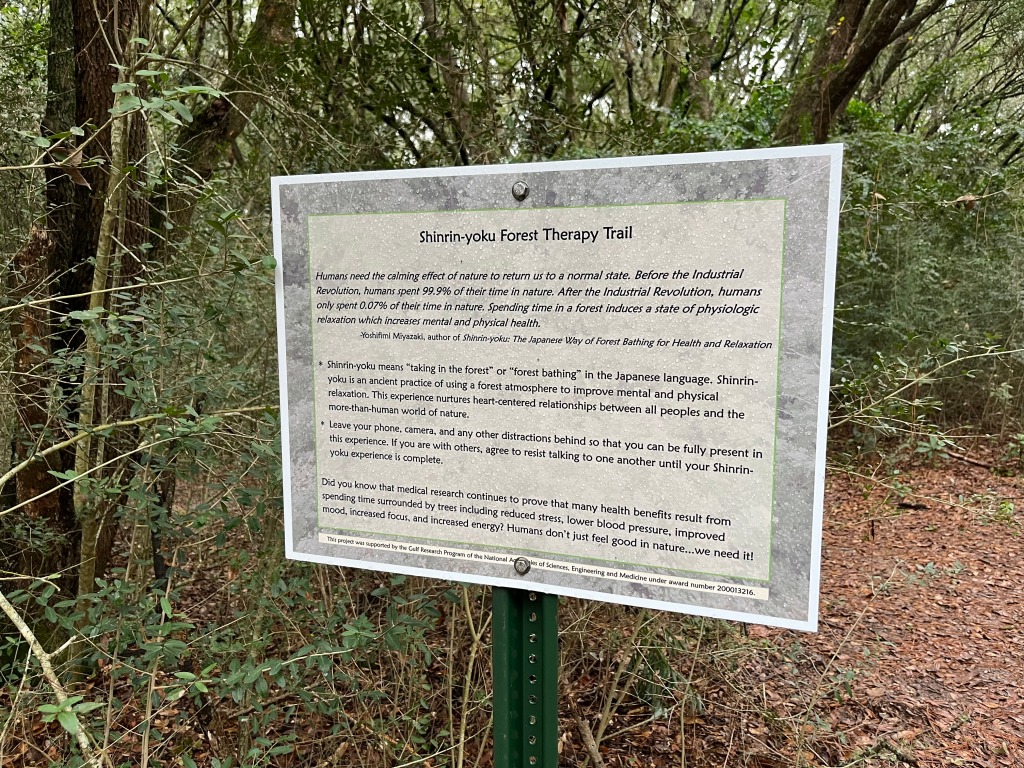 A close-up of a sign that says "Shinrin-yoku Forest Therapy Trail," with text about the benefits of forest therapy.