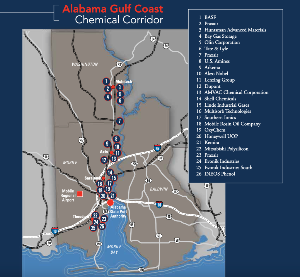 A promotional map of Mobile County, with a series of numbered dots representing chemical manufacturing businesses throughout the county, as well as major roads and railways. Near Africatown there are six companies. The image includes a legend of the companies' names off to the side, and it's labeled "Alabama Gulf Coast Chemical Corridor."