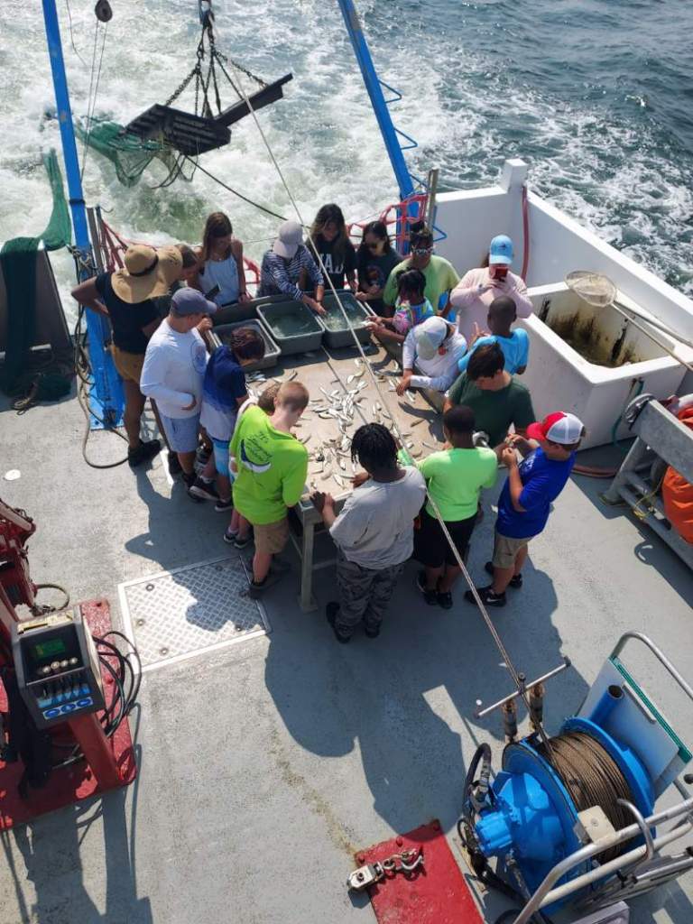 Photo of a large boat deck, taken from above. A group of around a dozen children and a few adults are gathered around a table with several small fish on it, which everyone is studying. Various nets, buckets, ropes and other equipment can be seen around the boat, and it is towing more equipment in its wake.